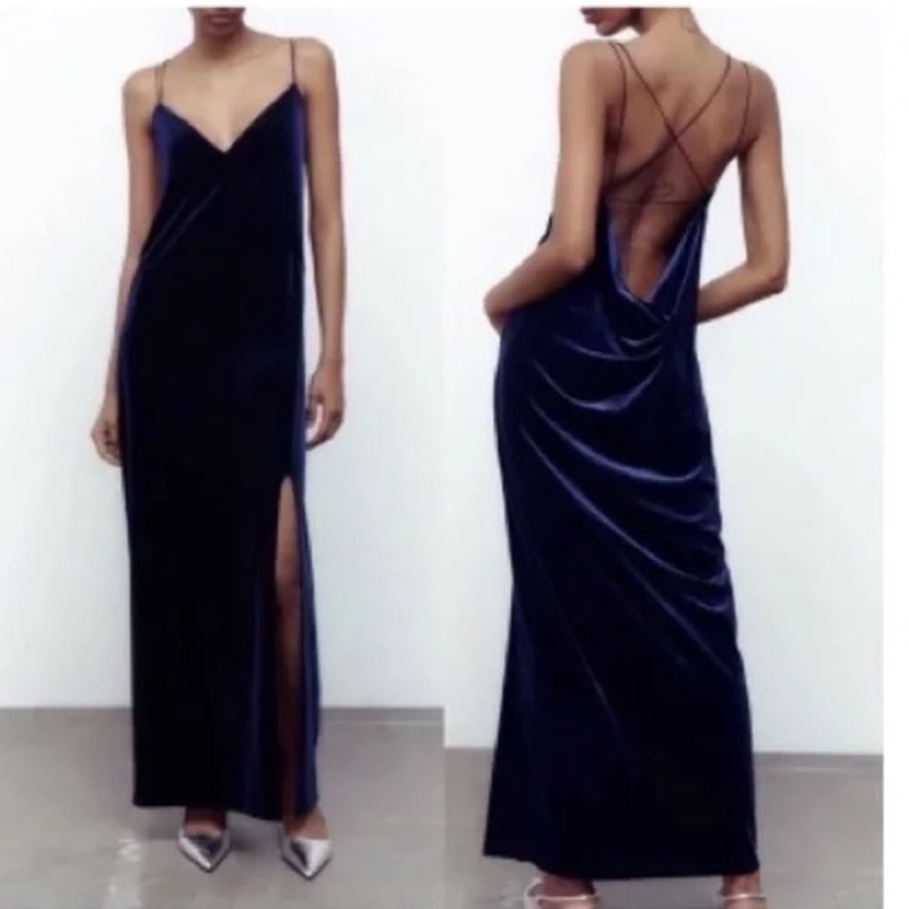 ZARA blue long velvet dress‎ open back size M new